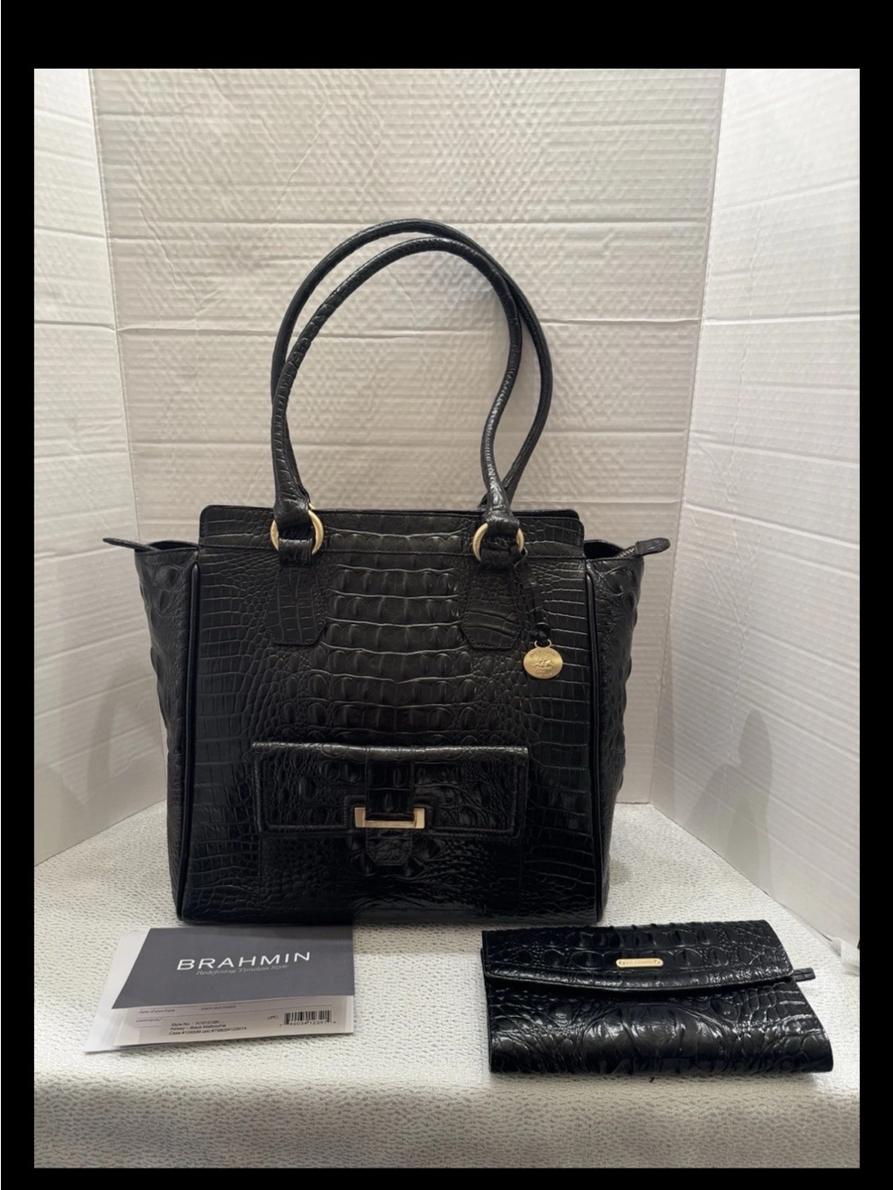 Brahmin Black Croc-Embossed Leather Tote with Matching Wallet